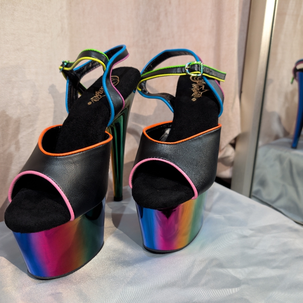 Pleasers Stilleto Psychedelic UV Rainbow Platform Heels Exotic Dancer Shoes 7" - Picture 4 of 9
